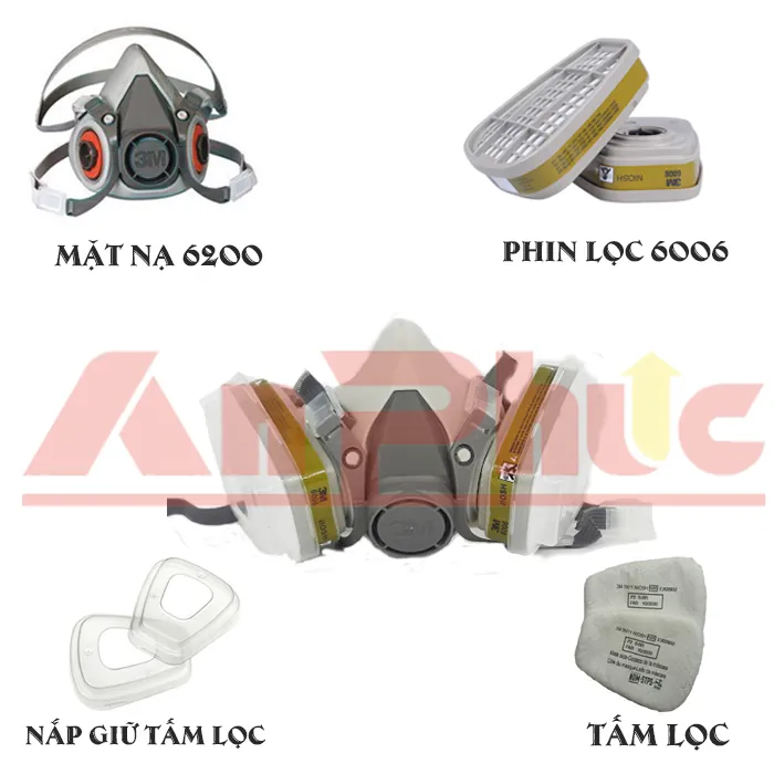 Mặt nạ 3M loại 6200 + phin lọc 6006 + tấm lọc 5N11 + nắp giữ 501