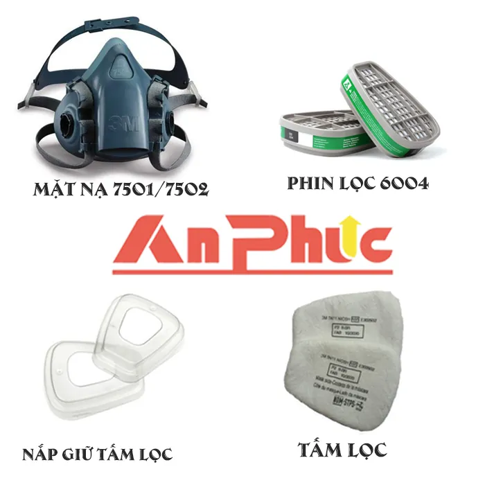 Mặt nạ 3M loại 7501 + phin lọc 6004 + tấm lọc 5N11 + nắp giữ 501 Mặt nạ 3M loại 7501 + phin lọc 6004 + tấm lọc 5N11 + nắp giữ 501